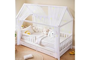 ToxyJopy House Bed Canopy Set - 2-Piece Bed Canopy House Bed with Luminous Stars - House Bed Decoration with Organic Cotton Bunting - Dreamy Children's Room Decoration