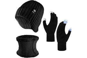 Zidoley Lot de 3 bonnets d'hiver, chauffe-cou, gants tactiles, pour homme et femme, bonnet tricoté avec doublure chaude en laine et cache-oreilles, écharpe bouclée, gants chauds, unisexes 3 en 1