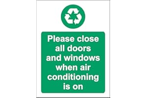 KPCM DISPLAY LTD Proszę zamknąć wszystkie drzwi i okna, gdy klimatyzacja jest włączona Znak bezpieczeństwa - Naklejka samoprzylepna 200 mm x 150 mm