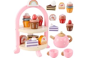HYAKIDS Set da tè Giocattoli in Legno, Accessori Cucina Bambini, Dessert Torta Gioco Cibo Giocattolo, Servizio da tè Bambini, Gioco di Imitazione Regalo per Bambina 3 4 5 Anni