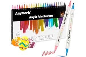 AnyMark 24 Colori Pennarelli Acrilici, Doppia Punta Pennello e Fine, Marker Acrilici per Pietra, Legno, Vetro, Calligrafia, Pittura su Roccia e Fai-da-te