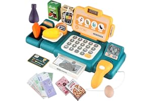 XIAOEVER Toy Till Cash Register for Kids, 36 Pcs Electronic Cash Register Toy with Scanner, Sound and Calculator, Supermarket Shop Toy Pretend Shopping Game for 3 4 5 6 7 8+ Years Toddler Boys Girls