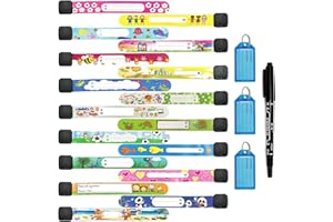 ZWZNBL Lot de 21 bracelets d'identification de sécurité pour enfants, anti-perte, motif de dessin animé manuscrit, urgence, jardin d'enfants, avec stylo résistant à la décoloration et porte-clés