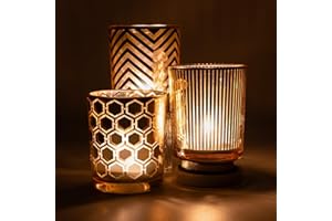 Toptime Tea Light Candle Holders, Gold Votive Candle Holder Set of 3, Glass Tealight Holders with Stripe Honeycomb Wavy Lines Pattern, Romantic Table Centrepiece for Wedding, Party, Home Decor