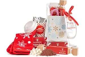 TILZ COLLECTION Hot Chocolate Gift Set With Mug - Hot Chocolate Set With Hot Chocolate Sachets - Mini Marshmallows, Candy Canes, Travel Cup -Gifts for Women, Mens Gifts -Vegan Chocolate Gift Set (WITH SOCKS)