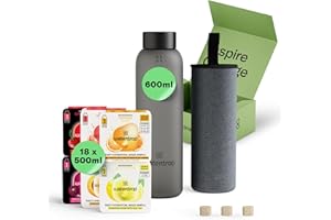 WATERDROP MICRODRINK waterdrop® Coffret Dégustation Verre - Bouteille en Verre 600ml + 18 Cubes à Boire en 6 Saveurs, Boisson en Cube avec Vitamine C & Vitamine B, Sans Sucre, Gourde d'Eau, Coffret Cadeau Femme & Homme