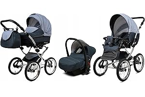 BabyLux® Bambimo Kinderwagen Set 3 in 1 - Margaret Exclusive - incl. Babywanne, Buggy Sportsitz, Auto-Babyschale - Autositz - Kinderwagenset - Kombikinderwagen mit Wickeltasche, Regenschutz usw.