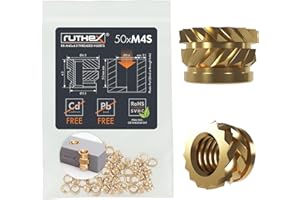 ruthex Inserto filettato M4S SHORT- 50 pezzi RX-M4x4,0- Boccola filettata in ottone -dado di inserimento per parti in plastica - utilizzabile in parti in plastica stampate in 3D tramite calore
