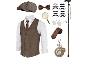 WILDPARTY Costume Homme Année 20 Accessoire, Gilet Noir, Béquilles Pliables, Montre de Poche, Chapeau Fedora, Costume de Gangster Mafieux pour Hommes, Cosplay de Carnaval d'Halloween
