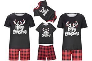 GENERIC Christmas Matching Family Pyjamas Sets Xmas Pajamas Short Sleeve Tops Elk Printed Plaid Shorts Soft Cute Cartoon Holiday Sleepwear Nightwear Party Evening