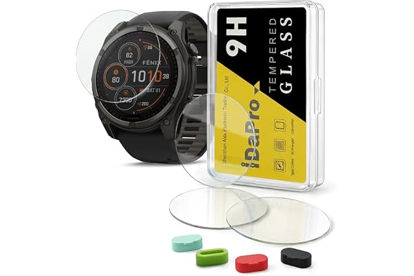iDaPro [4-pack] skärmskydd för Garmin Fenix 8 AMOLED 51 mm/Fenix 8 Solar 51 mm klocka + silikon dammproppar härdat glas repfri bubbelfri