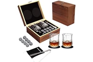 HOLZSAMMLUNG Juego De Regalo De Piedras De Whisky/Cubitos De Hielo Reutilizables Con 2 Vasos, Caja De Regalo Hecha A Mano, 8 Piedras De Granito Para Whisky Y Bolsa De Terciopelo - Regalo Para éL, Padrino, Boda
