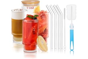 SINAND Set di 4 bicchieri da cocktail da 310 ml con coperchio e cannuccia, bicchieri scanalati per cocktail, acqua, succhi di frutta, mojito, bicchieri da long drink
