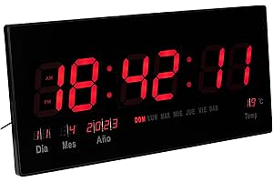 JEVX Reloj Digital de Pared Grande - para Colgar, Iluminacion en Color Rojo, Calendario, Medidor de Temperatura, Fuente de Alimentacion, Termometro