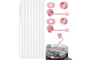 Nearockle 8 sztuk 30 cm, paski Strohhalm z 2 Sätze Slicone Auslaufsicher Strohhalm Abdeckung Verschluss i Reinigungsbürste kompatybilne z Stanley Quencher 30/40 oz Thermosbehör (Rosa)