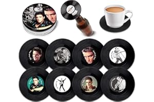 Retro Musique, Set di 8 sottobicchieri in vinile, con scatola in latta e apribottiglie magnetico, 8 pezzi, motivo Elvis Presley