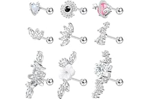 JeweBella Kolczyki ze stali chirurgicznej dla kobiet, srebrne, cyrkonie, serce, księżyc, pióro, motyl, piercing uszu, helix, septum, tragus, daith, kolczyk do chrząstki