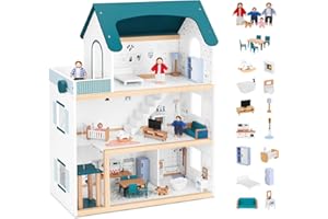 OOOK Puppenhaus Holz mit Hebbarer Aufzug, Puppenhaus Groß ab 3 Jahren Mädchen, Doll House for Girls, inklusive 21 Möbelstücken, 4 Familienpuppen und Einem Hund