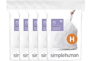 simplehuman Code H 100 Liners, 50% Recycled Custom Fit Bin Bags in Dispenser Packs with Durable Drawstring Tie Handle, 30-35L, White
