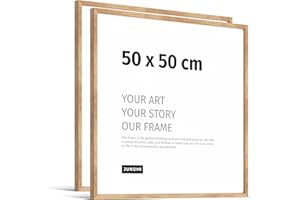 JUNOMI® Set de 2 marcos de fotos Premium de roble 50x50cm – Madera auténtica, cristal sintético inastillable, perfil estrecho, diseño minimalista, uso vertical u horizontal