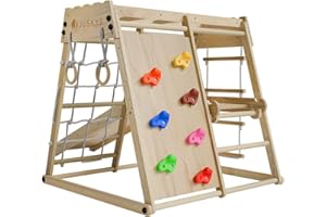 Juskys Mini Structure d'Escalade pour Enfants - Aire de Jeux Intérieure avec Toboggan, Mur d'Escalade, Filet à Grimper & Anneaux de Gym - Tour Pliable en Bois - Coloris Naturel