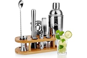 Duerer Kit à Cocktail 11 pièces avec Support en Bois de Bambou, Ensemble d'outils de Bar Parfait pour la Maison et kit de Barman Professionnel à Martini, kit de mélange Shaker en Acier Inoxydable
