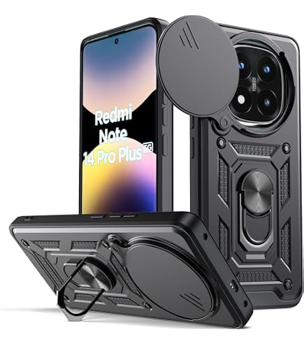Oududianzi Hülle Für Xiaomi Redmi Note 14 Pro 5G - Mit Verschiebbarer Kameraabdeckung, Drehbarem Fingerring, Stoßfest, Schwarz