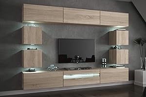 FURNITECH Wohnwand Wohnzimmer - Wohnzimmer Möbel mit LED RGB - 16 Farben - Hängend Wohnwand Modern - Wohnzimmer Schrankwand mit Regale und TV Schrank (Future C81-M-S3 1B - 273cm)
