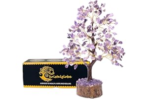 KRISTALGLOBE Amethyst Crystal Tree of Life – Handmade Healing Gemstone Bonsai with 300 Natural Amethyst Beads – Feng Shui Positive Energy Home Office Décor – Gold Wire Spiritual Gift for Women