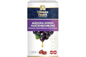 ‎MANUKA HEALTH Manuka Health - MGO 400 + Schwarze Johannisbeere Lutschbonbons 100 g - 100% Pur aus Neuseeland mit zertifiziertem Methylglyoxal Gehalt und Vitamin C Bonbons