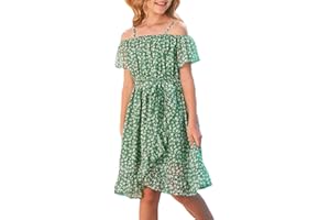 cenozo Casual Dresses for Girls, Chiffon Floral Dress, Off-the-Shoulder Summer Dress with Adjustable Straps, Leisure with Ruffle Sleeves, for Girls Aged 6 to 14 Years