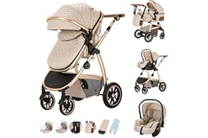Kakbgee Poussette Combinée 3 en 1, Poussette Citadine avec Siège Auto ECE R129, Poignée Réglable en Hauteur, Nacelle Souple Convertible, Cadre en Aluminium pour Nouveau-né 0-4 ans, Beige
