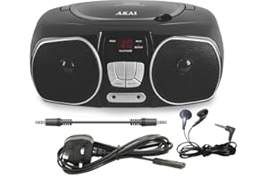 DTL PACKAGE Akai Compact CD Boombox, AM/FM Radio, Mains Electric or Battery, 3 year Warranty. LEAD INCLUDED (AUX IN 3.5mm Input: Smart Phone, iPh, Tablet, etc) Black (Inc: Earphones & Mains Lead)
