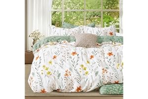 ‎LANQINGLV Lanqinglv Bettwäsche 200x200cm Grün Weiß Blätter Blumen Muster Pflanzen Wende Bettwäsche Set Bunt Microfaser Renforce Bettbezug mit Reißverschluss und 2 Kissenbezug 80x80 cm