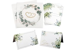 TUTUKYLE 20 Stück Tischkarten und 20 Servietten Hochzeit, Hochzeit Servietten Herz Eukalyptus Tischdeko 33x33cm, Namenskarten mit Schön Dass Du Da Bist 11x8.5cm für Wedding Valentinstag Jubiläum Party