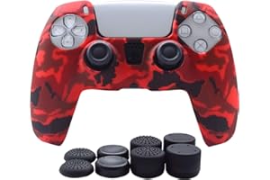 Hikfly Silicone Cover for PS5 Controller Skin Compatible with PS5 Controller Grips,Non-Slip Cover for PlayStation 5 Controller-1x Skins with 8 x Thumb Grip Caps)(Red)