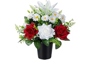 SIFOEL Fleurs de tombe artificielles en pots, rose, lys et marguerite artificiels avec pot pour cimetière, funérailles, décoration de tombe en plein air (1 pièce, rouge et blanc)
