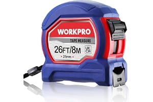 WORKPRO 8M/26FT Tape Measure with Imperial and Metric Scale | Zero Point Calibration, Retractable Design, Metal Belt Clip, Lock Mechanism, Rubber Outer Cover