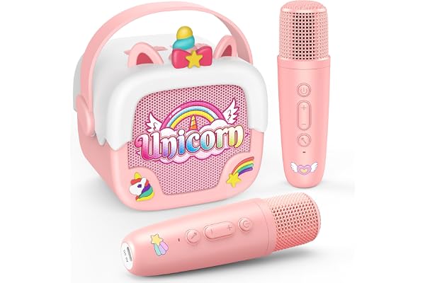 Dislocati Machine de karaoké pour enfants avec 2 microphones de karaoké Bluetooth, jouet licorne cadeau pour fille de 3 à 12 ans, haut-parleur portable avec 5 effets sonores, idéal pour les fêtes et