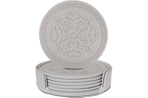ABCHCHS Coasters Set of 6 - PU Leather Coasters for Drinks with Holder - Silver Handmade Round Drink Set for Home Decor and Housewarming Gift