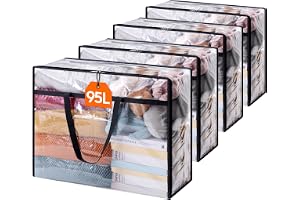 Lifewit-paket med 4 genomskinliga plastpåsar, 90L garderobsorganisator Förvaringslåda med lock Klädförvaring Flyttlådor med f