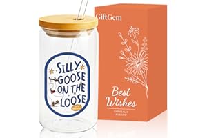 GiftGem Gifts for Women - Silly Goose Mug, Birthday Gifts for Women, Friend Gift, Silly Goose Juice Glasses, Glass Cups with Straw and Lid, Thanks Gift for Womens,Men, Sister, Bestie, Best Friend