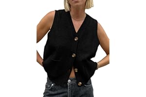 Saodimallsu Chaleco sin mangas para mujer, ajuste holgado, chalecos de punto con botón en V, cuello de punto, cárdigan informal de moda con bolsillos