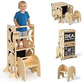 COSYLAND 4 in 1 Children's Learning Tower for Kitchen with Safety Railing, Folding Design with Double Slate, Convertible into