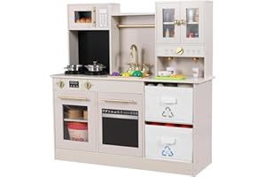 MAMIZO Kinderküche Holz, Spielküche mit Licht und Sound, Puppenküche Holz für Kinder, 90x30x90 cm kinderküchen, mit Küchenzubehör und 2PCS Aufbewahrungsboxen, Spielzeug für Kinder ab 3 Jahren, Beige