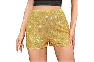 SAMHENG Short à paillettes pour femme, taille haute, élastique, jambe droite, brillant, short sexy paillettes scintillantes pour fête, concert, pantalon chaud décontracté ample en forme de pour tenue de club