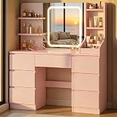 Devoko Tocador Colecci&oacute;n Serenoxa, Mesa de Maquillaje con LED Espejo 3 Colores Luz Ajustable, con 7 Cajones Grandes 4 Estante