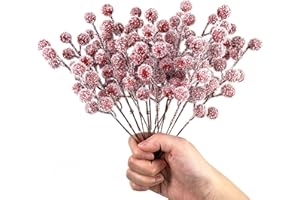 OTKARXUS Künstliche rote Beeren für Weihnachten, 20 Stück, verschneite Stechpalmenbeeren, Winterbeeren, Zweige für Weihnachtskranz, Weihnachtsbaumschmuck, Heimdekoration, Party-Dekoration