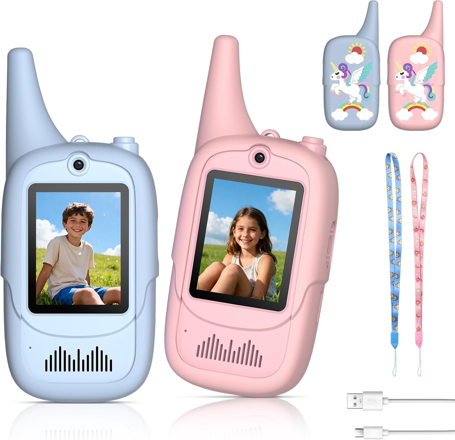 FUNYKICH Walkie Talkie de Video para Niños 3-12 Años(Paquete de 2), Walkie Talkies Recargable con 6 Efectos de Voz, Largo Alcance 350M, Regalo Ideal Cumpleaños, Hogar,Exterior,Patio,Senderismo