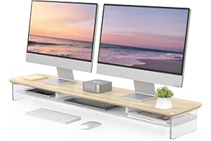 Fenge Supporto per Monitor in Acrilico, Supporto per Doppio Monitor con Ampio Spazio di Archiviazione, Supporto per Doppio Monitor per PC/Laptop/TV 108x23,5x12cm Rovere